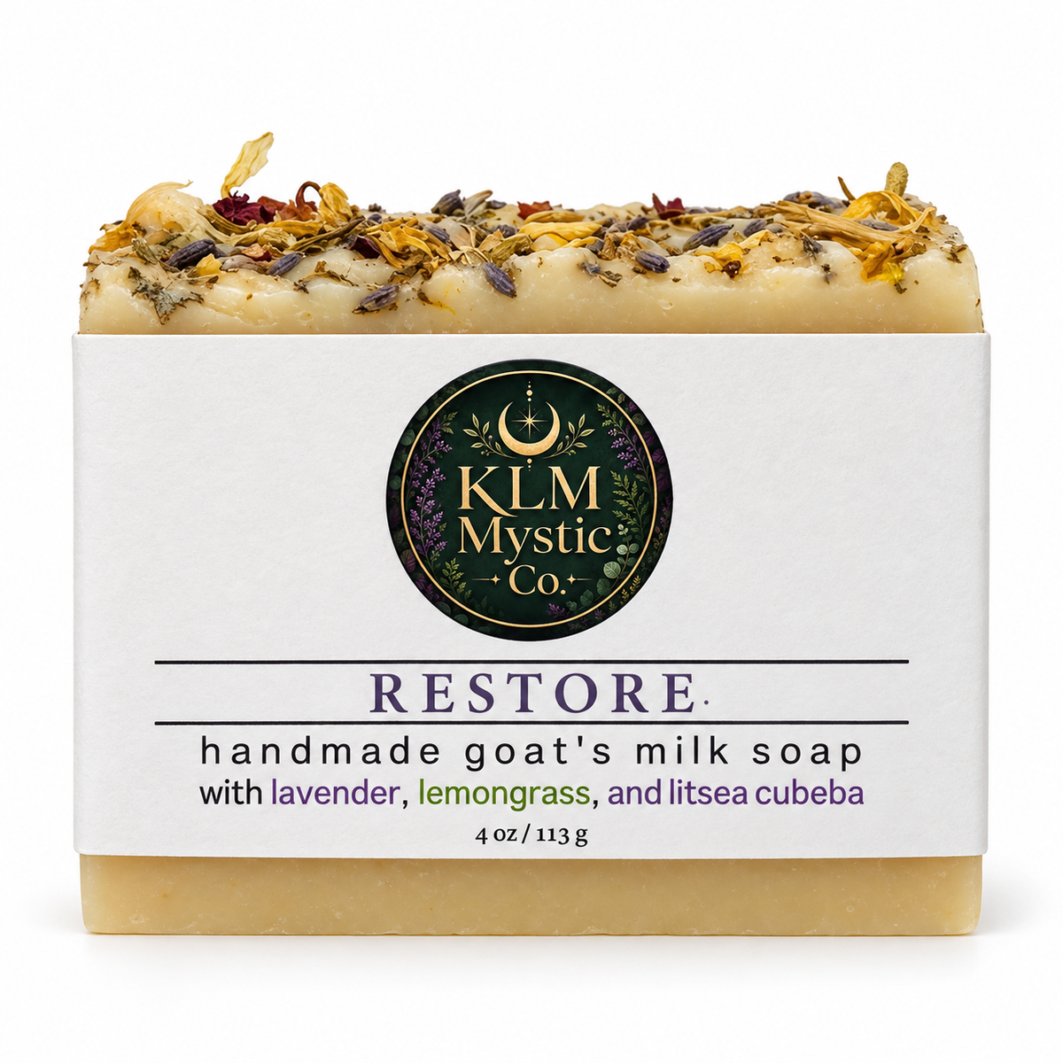 RESTORE handmade goat’s milk soap — labeled front