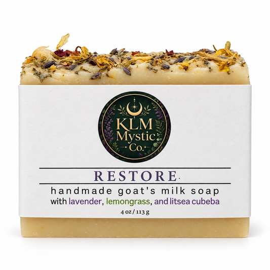 RESTORE handmade goat’s milk soap — labeled front