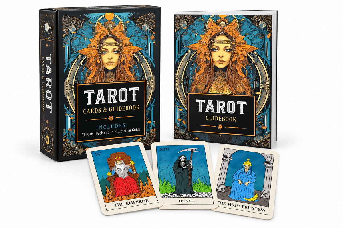 Tarot Cards & Guidebook set with matching guidebook and The Emperor, Death, and The High Priestess tarot cards on white background