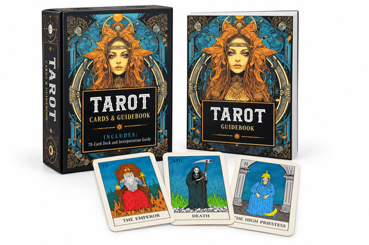 Tarot Cards & Guidebook set with matching guidebook and The Emperor, Death, and The High Priestess tarot cards on white background