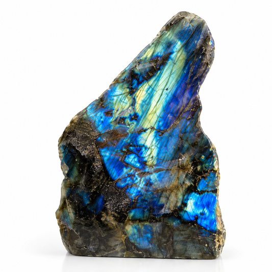 Labradorite free shape with blue teal and gold flash on white background