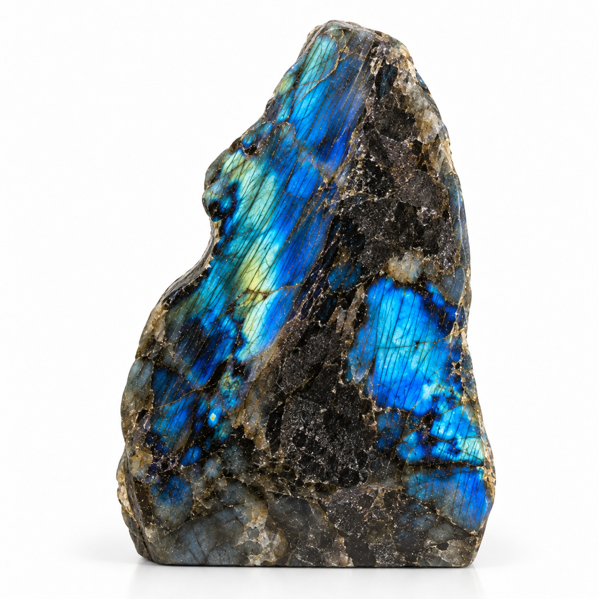 Representative upright Labradorite free shape showing natural matrix and varied flash