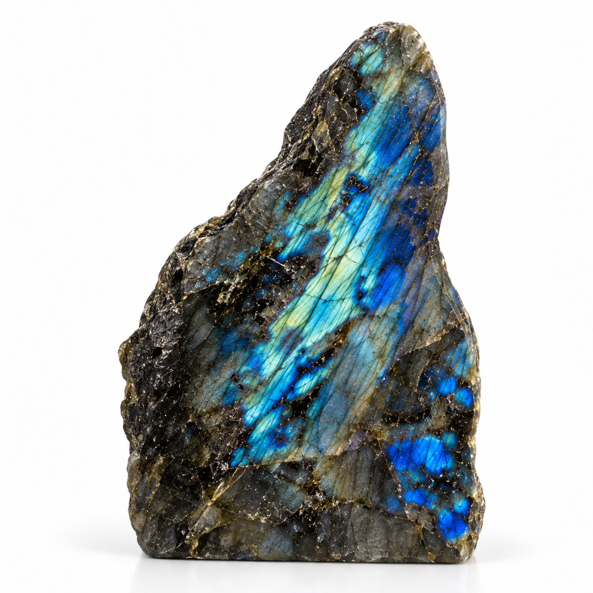 Representative flame-shaped Labradorite free shape with blue teal flash and dark matrix