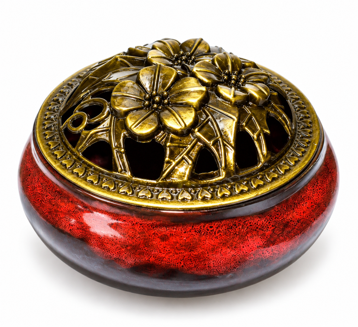 Lava ceramic incense burner with floral metal lid