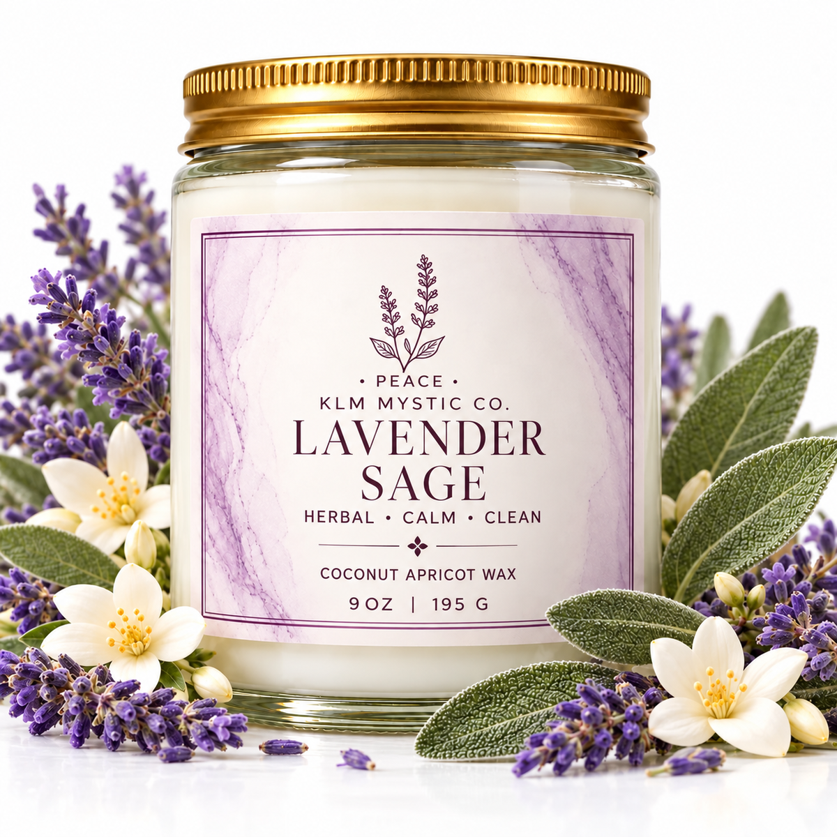 KLM Mystic Co. PEACE Lavender Sage candle with lavender and sage on white
