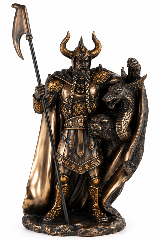 Loki 10 inch bronze-tone statue with Fenrir and Jormungandr