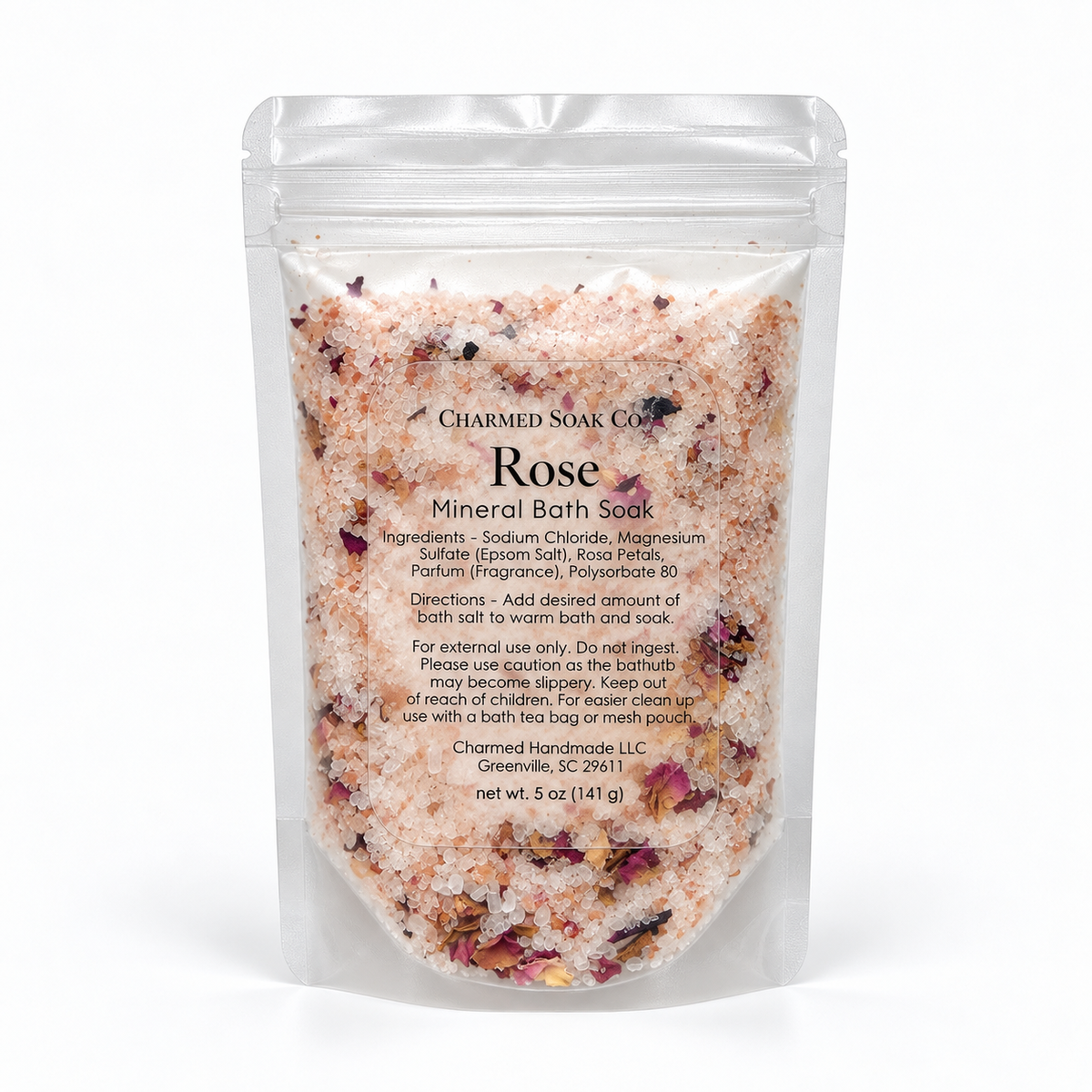 Back label of LOVE Rose Botanical Bath Soak with ingredients and directions