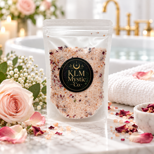 LOVE Rose Botanical Bath Soak by KLM Mystic Co. in a bright spa setting