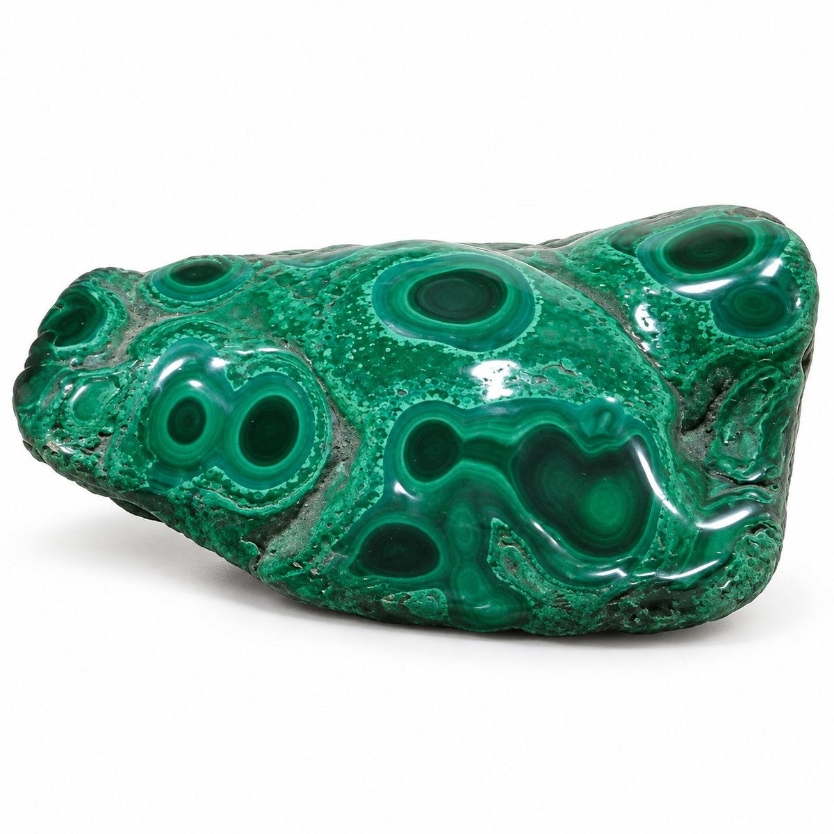 Representative polished malachite free shape on a white studio background