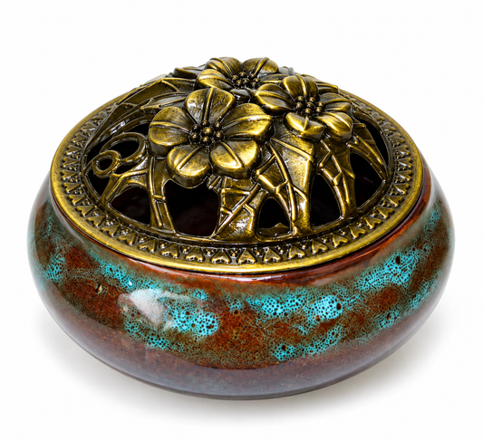 Ocean ceramic incense burner with floral metal lid
