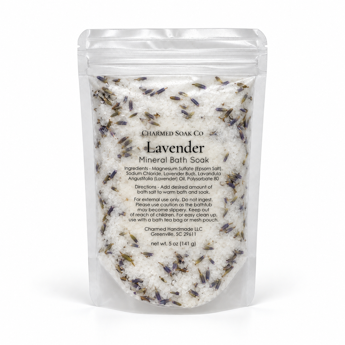Back label of PEACE Lavender Botanical Bath Soak with ingredients and directions