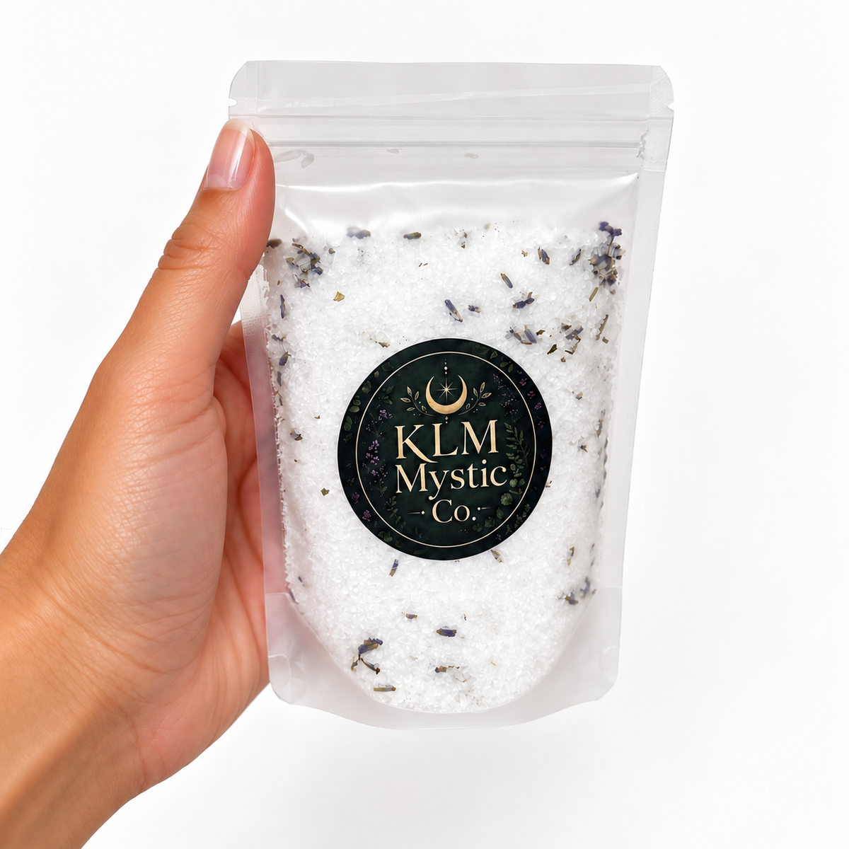 PEACE Lavender Botanical Bath Soak by KLM Mystic Co. held in hand