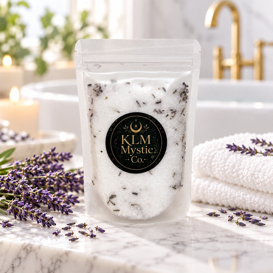 PEACE Lavender Botanical Bath Soak by KLM Mystic Co. in a bright spa setting