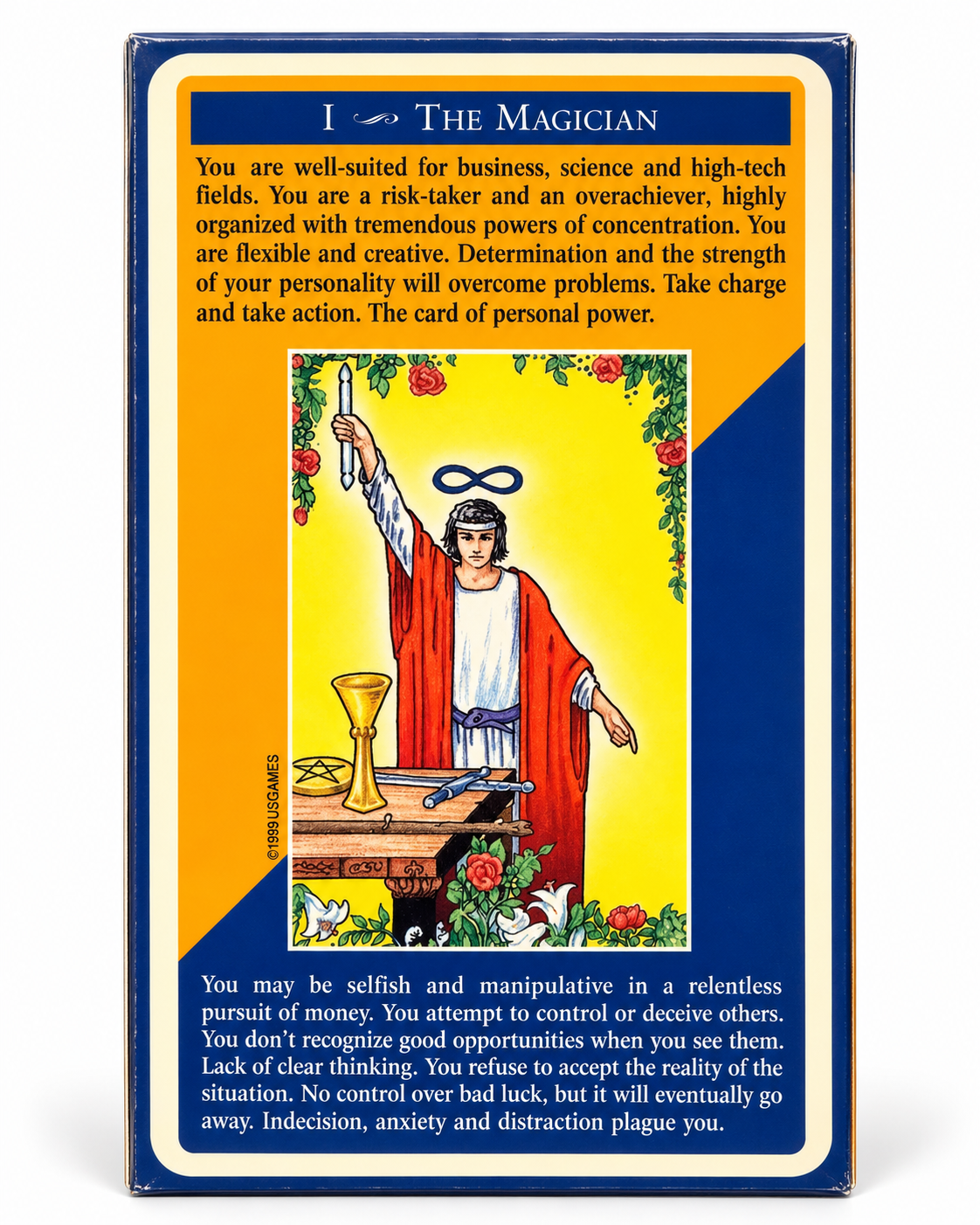 Back of Quick & Easy Tarot Deck box showing The Magician sample card and meanings