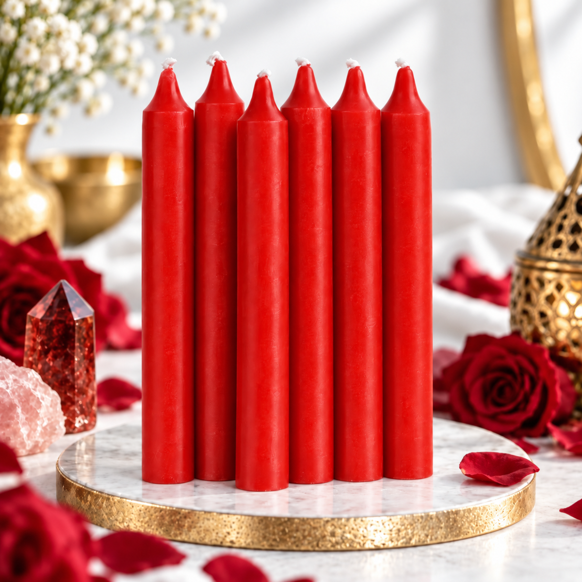 Set of six red 6-inch intention candles with roses and crystals on a bright white background