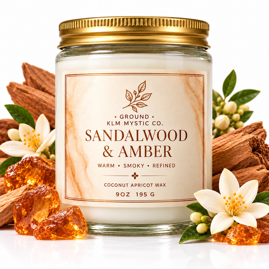 KLM Mystic Co. GROUND Sandalwood & Amber candle with sandalwood and amber on white