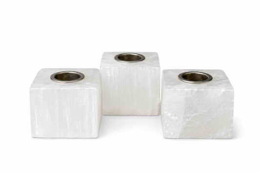 Set of three selenite chime candle holders