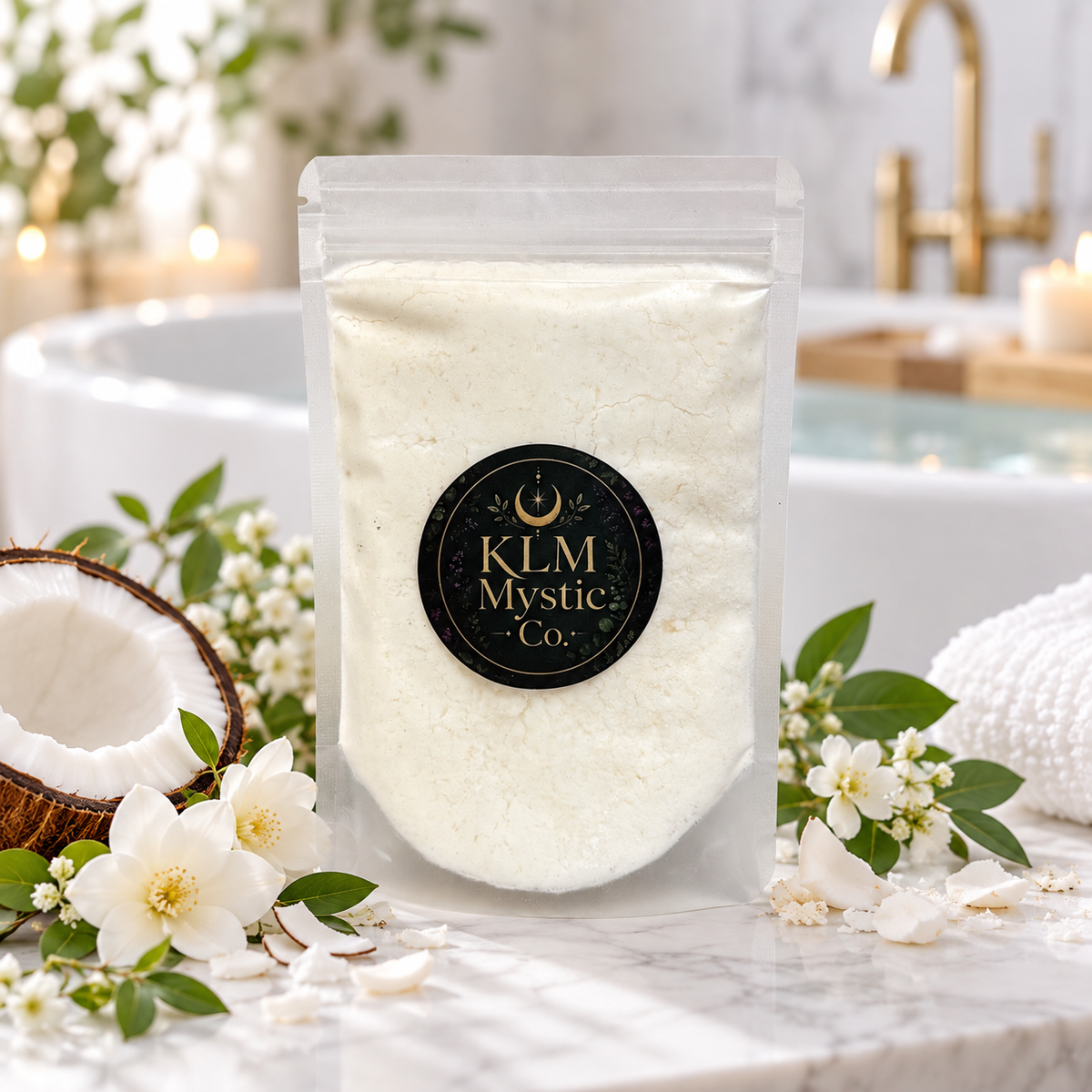 SOOTHE Coconut Mineral Bath Milk by KLM Mystic Co. in a bright spa bath setting