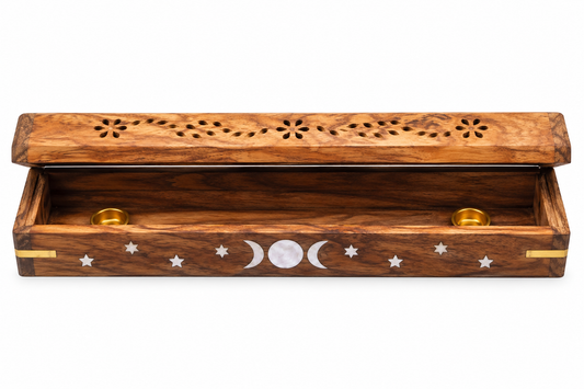 Triple Moon flip-top wooden incense holder with two brass cone cups