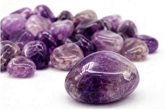 One tumbled Amethyst stone with additional stones in the background