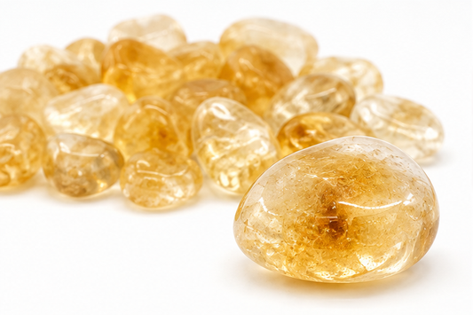 One tumbled Citrine stone with additional stones in the background
