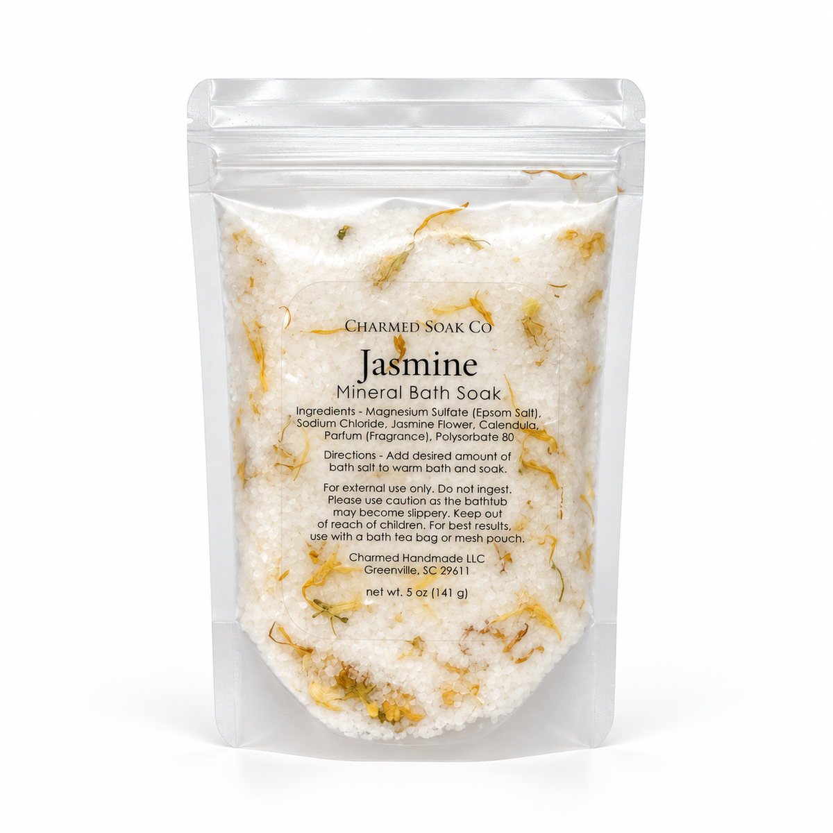 Back label of UPLIFT Jasmine Botanical Bath Soak with ingredients and directions