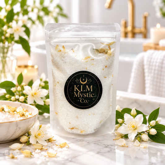 UPLIFT Jasmine Botanical Bath Soak by KLM Mystic Co. in a bright spa setting