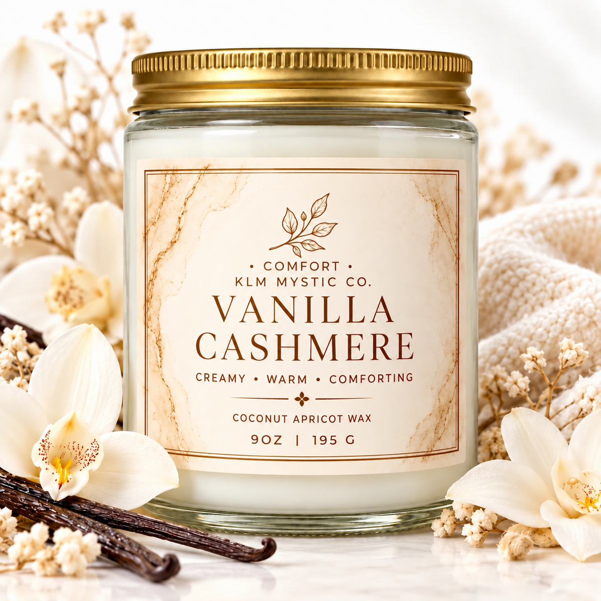 KLM Mystic Co. COMFORT Vanilla Cashmere candle with vanilla orchids and ivory fabric on white