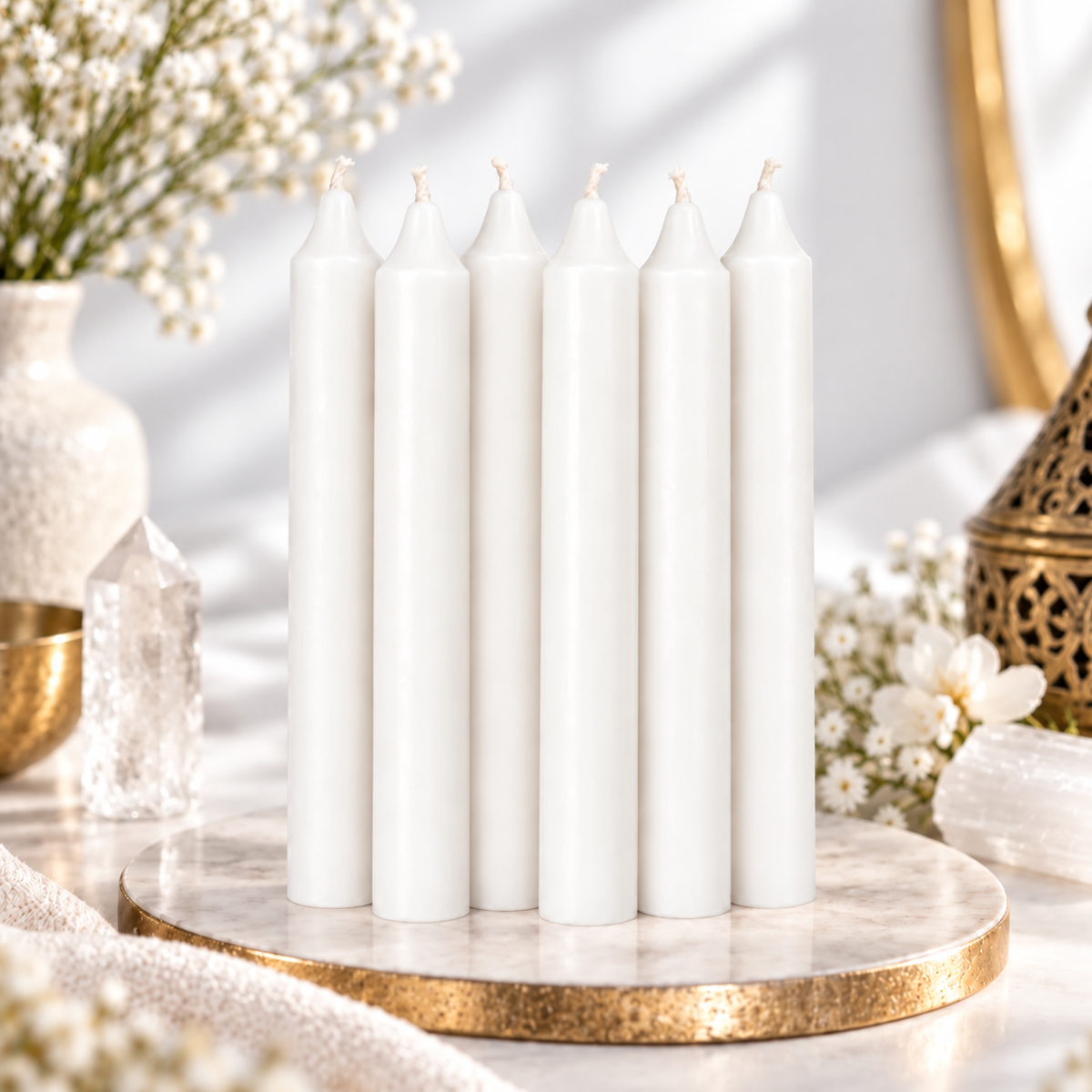 Set of six white 6-inch intention candles with white flowers and clear crystal on a bright white background