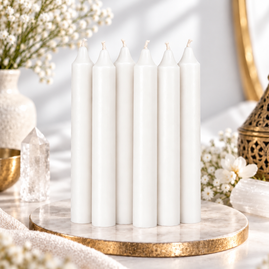 Set of six white 6-inch intention candles with white flowers and clear crystal on a bright white background